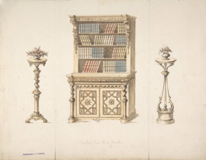 Design for a Cabinet-Bookcase and Two Stands for Flowers, early 19th century.