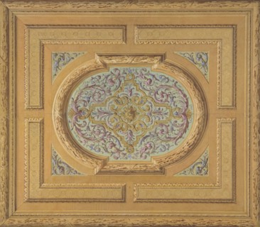 Design for a ceiling decorated with bands of oak leaves and a central panel of scrolls and rinceaux, 1830-97.