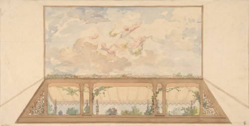 Design for a ceiling painted with a trompe l'oeil awning and putti in clouds, second half 19th century.