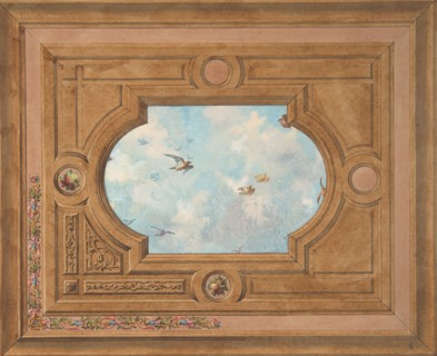 Design for a ceiling with a trompe l'oeil sky filled with birds, 19th century.