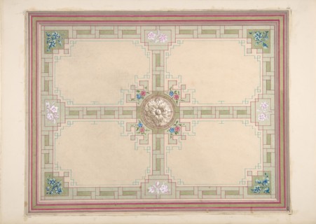 Design for a ceiling with floral accents and Greek key border, second half 19th century.