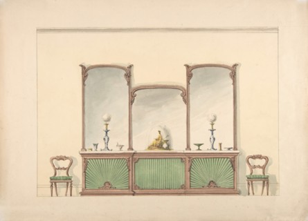 Design for a Mirrored Three Sectioned Marble-topped Cabinet and Two Chairs, early 19th century.