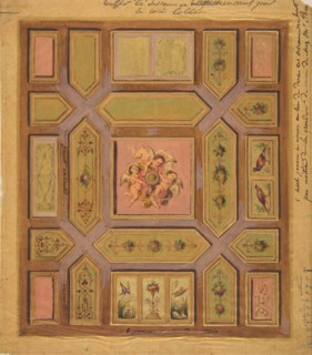 Design for a paneled ceiling painted with putti, birds, and floral motifs on tracing paper; mounted on wove paper, 19th century.