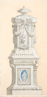 Design for an ornamented stone pedestal surmounted by an urn, 1830-97.
