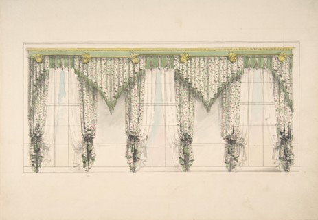 Design for Curtains with Pink, Green and White Floral Fabric and Pink and Green Fringes, ca. 1820.