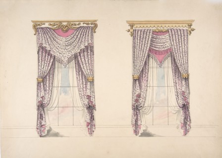 Design for Curtains with Purple, White and Mink Fabric, Purple Fringes and Gold and White Pediments, early 19th century.