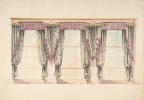 Design for Gray and Pink Curtains with Pink Fringes and a PInk and Gold Pediment, early 19th century.