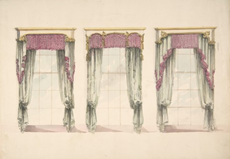 Design for Gray Curtains with Pink Fringes, and White and Gold Pediments, ca. 1820.