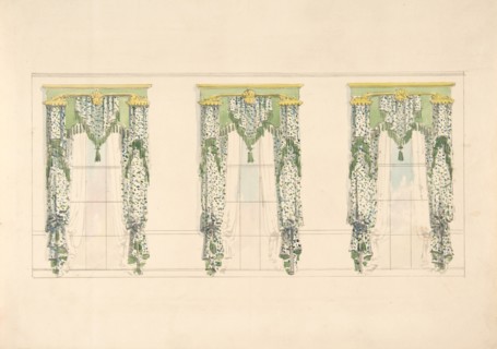 Design for Green and White Curtains with Green Fringes and a Green and Gold Pediment, early 19th century.
