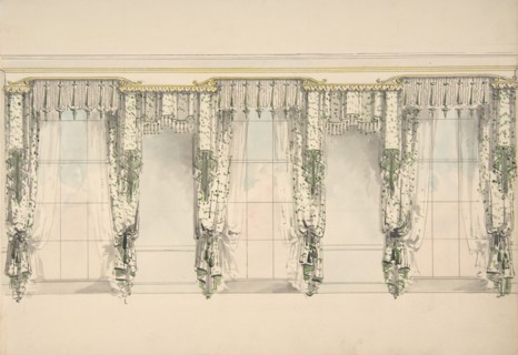 Design for Green and White Curtains with Green Fringes, and White and Gold Pediments, ca. 1820.