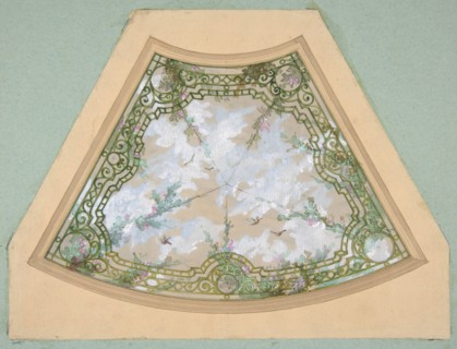 Design for one section of a ceiling painted in trompe l'oeil iron work with flowering vines and birds, second half 19th century.