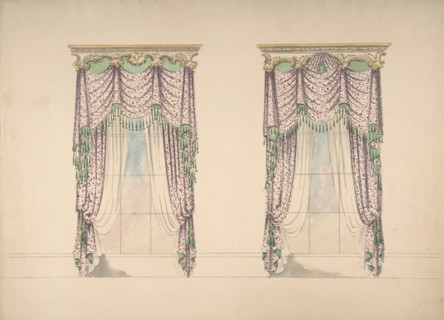 Design for Pink and White Curtains with Green Fringes, and Gold and White Pediments, ca. 1820.