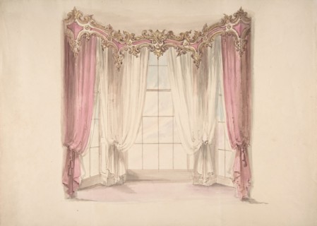Design for Pink Curtains and White Inner Curtains, with a Gold, White and Pink Pediment, early 19th century.