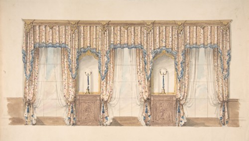 Design for Pink, Gold, Blue and White Curtains with Blue Fringes and a Gold and Wood Pediment, early 19th century.