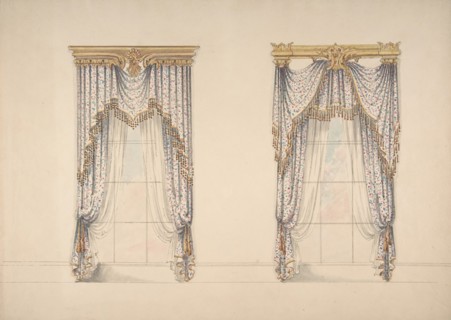 Design for Pink, Green and White Curtains with Gold and Red Fringes, and Gold Pediments, ca. 1820.