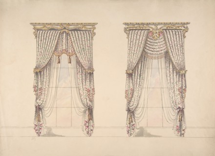 Design for Pink, Green and White Curtains with Pink and Gold Fringes and a Gold and White Pediment, early 19th century.