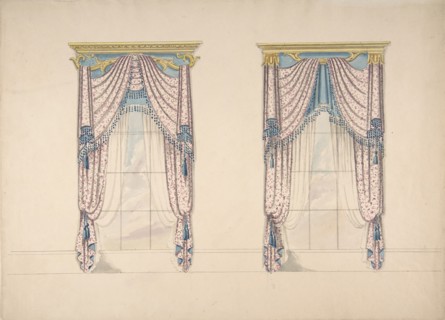Design for Pink, White and Blue Curtains with Blue Fringes, and Gold and Blue Pediments, ca. 1820.