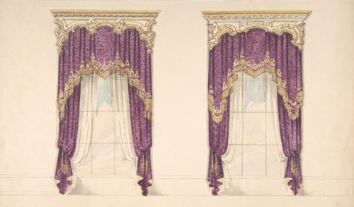 Design for Purple Curtains with Gold Fringes and a Gold and White Pediment, early 19th century.