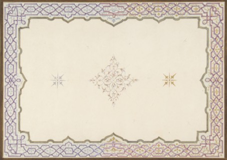 Design for the decoration of a ceiling with a border of strapwork and a central filagree medallion, 1830-97.