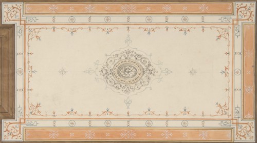 Design for the decoration of a ceiling with filagree borders and a central medallion, 1830-97.