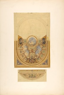 Design for the decoration of an oval ceiling with putti and garlands; with a detail of a lunette, 1830-97.