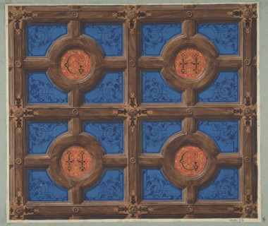 Design for the painted decoration of a coffered ceiling incorporating initials (G and H) for a house on the rue de Clichy, 1830-97.