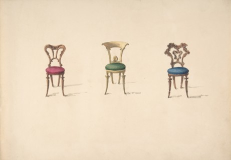 Design for Three Chairs with Red, Green and Blue Seats, early 19th century.