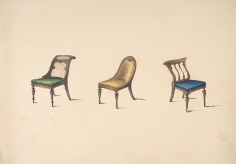 Design for Three Chairs with Slanted Backs, Green, Yellow and Blue Upholstery, early 19th century.