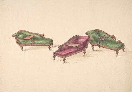 Design for Three Reclined Reading Sofas with Trays, on Casters, Upholstered in Green and Red, early 19th century.