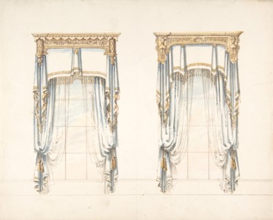 Design for Two White Curtains with Gold Fringes and a Gold Pediment, early 19th century.