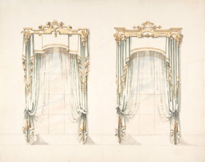 Design for Two White Curtains with Gold Fringes and a White and Gold Pelmets, early 19th century.