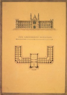 Design for University of Michigan (elevation and plan), ca. 1838-39.