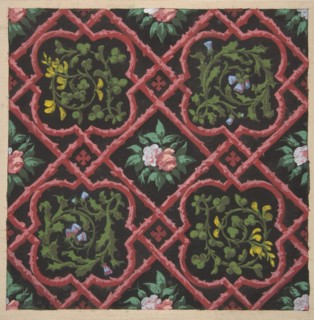 Design for wallpaper featuring flowers and latticework, 1830-97.