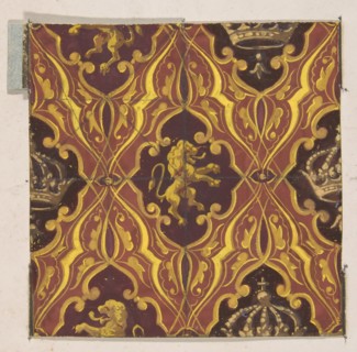 Design for wallpaper featuring rampant lions and crowns, 1830-97.