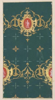 Design for wallpaper featuring rinceaux and cartouches framing figures, 1830-97.