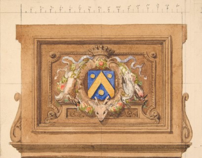 Design of a decorative panel featuring hunting trophies, a shield, and a crown, 19th century.
