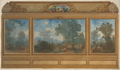 Elevation of a paneled interior decorated with painted landscapes and coves with cartouches and flowers, 1830-97.
