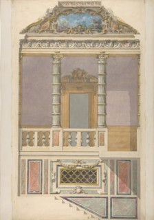 Elevation of an Italianate interior, including steps and an upper loggia decorated in composite columns, 1830-97.