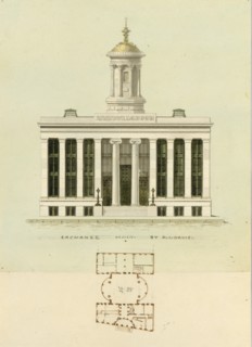 Façade Design and Old Plan for the First Merchant's Exchange, New York (unexecuted; front elevation and plan), ca. 1829.