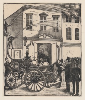 Firefighters putting out a fire in a house, firetruck in foreground, ca. 1880-1910.