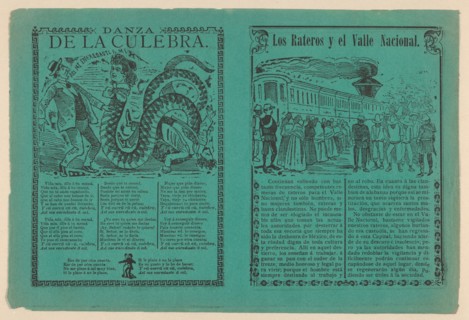 Front and back covers of a phamplet relating to a story 'The thieves and the National Valley' with illustration of indigenous men and women are being herded by men in military uniforms towards a train...