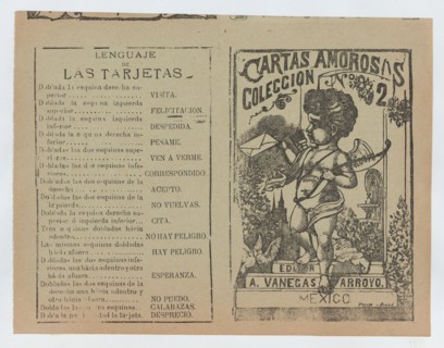 Front and back covers printed on the same sheet for a collection of love letters (number 2), Cupid holding a bow in image at the right, ca. 1900-1910.