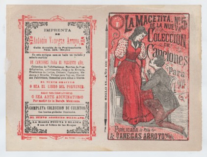 Front and back covers printed on the same sheet for a collection of songs for the year 1901 (number 5), a man on his knees before a woman, 1901.