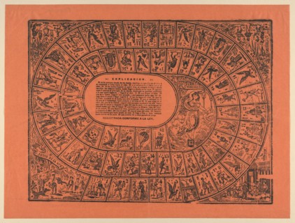 Game of the Goose, with the rules printed in the center, ca. 1900-1910.