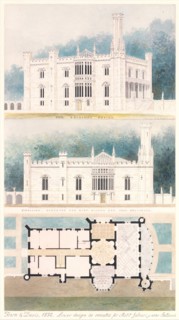 Glen Ellen for Robert Gilmor, Towson, Maryland (perspective, elevation, and plan), 1832.