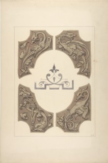 Grotesque designs featuring griffin, birds, and dolphins, 1830-97.