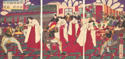 Illustration of the Commanders who Pacified Western Japan, Receiving the Emperor's Gift Cups (Saigoku chinbu shosho tenpai o tamau no zu), July, 1877.