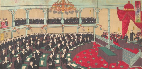 Illustration of The Imperial Assembly of the House of Peers (Teikoku gikai kizokuin no zu), 1890.