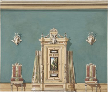 Interior Design witha Gun Cabinet and Two Chairs against a Green Wall Adorned with Trophies, late 19th century (?).