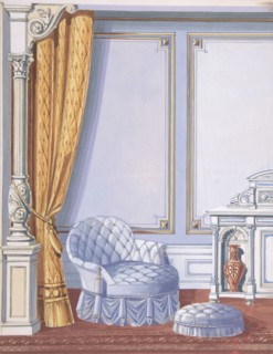 Interior Design for a Gray Curtained Alcove, with an Uphostered Armchair, Ottoman and Cabinet, late 19th century (?).